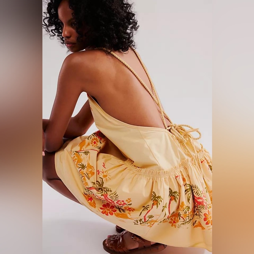 Free People Deserted Island Mini Dress Tropical Print Rope Back NWT - Picture 1 of 9